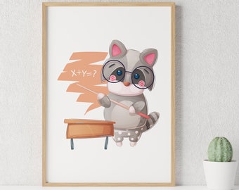 Teacher Cat with Glasses Nursery Room Poster. Dekoration für Kinderzimmer. Illustration Art Print. Nursery Gift Idea for Girls and Boys.