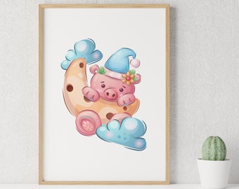 Little Piggy on the Moon Poster. Dekoration für Kinderzimmer. Illustration Art Print. Poster Gift for Animal Lover Kids. Cartoon Pig Poster.