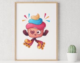 Little Skater Cupcake Poster. Dekoration für Kinderzimmer. Illustration Art Print Wall Decor. Poster Gift for Kids. Kids Room Decoration.