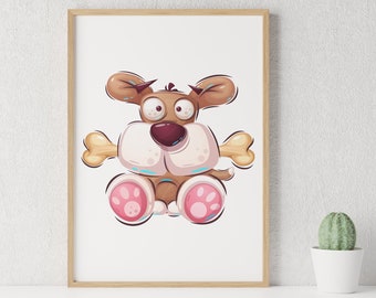 Dog With a Bone Poster. Dekoration für Kinderzimmer. Illustration Art Print Decor. Poster Gift for Dog Lover Kids. Küche und wohnzimmer deko