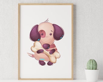 Little Doggy With a Bone Poster. Dekoration für Kinderzimmer. Illustration Art Print. Poster Gift for Animal Lover Kids. Cartoon Dog Poster.