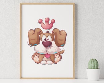 Cute Queen Dog Poster. Dekoration für Kinderzimmer. Illustration Art Print Decor. Poster Gift for Dog Lover Kids. Küche und wohnzimmer deko.