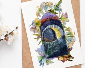 Easter hand drawn watercolor poster, card "Christ is risen"! Resurrection digital download print. Christian Easter Printable Artwork, print