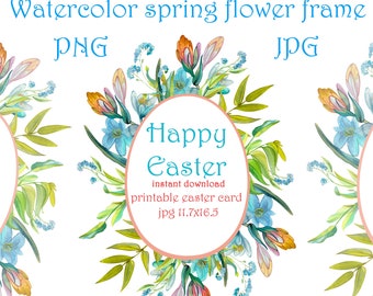 Easter Floral Wreath Clipart, Watercolor Easter card printable, Happy easter card making PNG, Spring flower wreath  digital download