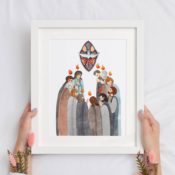 Watercolor hand drawn artwork Pentecost , digital download. Christian poster Descent of the Holy Spirit, Holy Trinity Day.