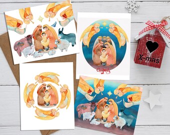 A set of Christmas Nativity cards, prints digital download, hand-drawn Christian Cards printable, Manger Christmas Card, Religious Christmas