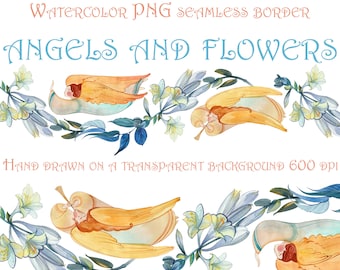 Watercolor hand drawn clipart seamless border Angels and flowers, instant download, festive christian easter border, print decor