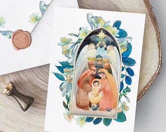 Christmas Nativity Scene, christian card, poster, print: Digital Instant Download JPG, PNG, religious artwork. Christmas card printable