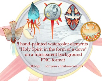 Set of the Holy Spirit in the form of a dove and tongues of fire. Pentecost Christian clipart, Holy Spirit PNG, Bible art, digital download