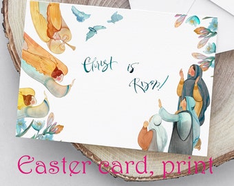 Easter hand drawn watercolor poster, card, Clipart "Christ is risen!" instant digital download PNG, JPG. Christian Easter Printable Artwork