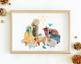 May include: Watercolor print of the Nativity scene in a wooden frame. The artwork depicts Mary, Joseph, and baby Jesus, surrounded by animals and birds. The color palette includes soft yellows, blues, and browns, with a golden star above.