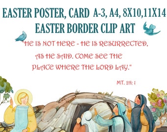 Easter christian clipart, Easter poster, card. Easter christian printables. Resurrection jesus instant digital download. Easter border PNG