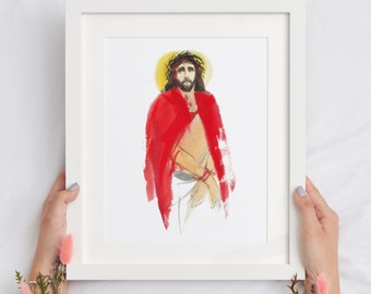 Watercolor hand drawn illustration of Jesus Christ wearing the purple robe and crown of thorns, digital download. Christian poster, card