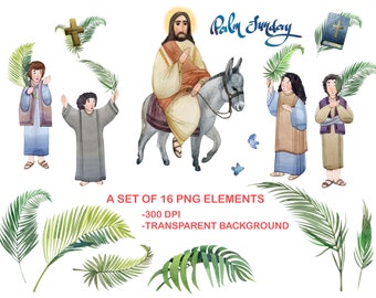 Palm Sunday set of 16 PNG elements on a transparent background. Christian art Digital download Palm Sunday clipart