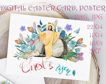 Easter card/hand drawn watercolor poster/Clipart "Christ is risen!"/instant digital download PNG, JPG/Christian Easter Printable Artwork