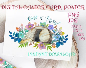 Easter hand drawn watercolor poster, card, Clipart "Christ is risen!" instant digital download PNG, JPG. Christian Easter Printable Artwork