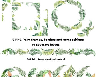 Hand-drawn watercolor PNG 10 palm clip arts on transparent background instant digital download