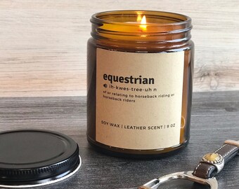 EQUESTRIAN CANDLE || leather scented soy candle || horse back rider || horse lover gift