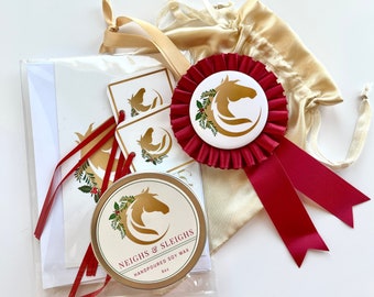 HOLIDAY GIFTSET || candle tin, ribbon ornament, holiday cards & gift tags in satin bag || horse lover || gift for horse girl