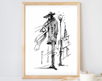 Man Line Art, Man body art, Line art man, Male sketch, Line Art Print, Man in hat, Autumn art, Man walk, Line Drawing, Printable Wall Decor