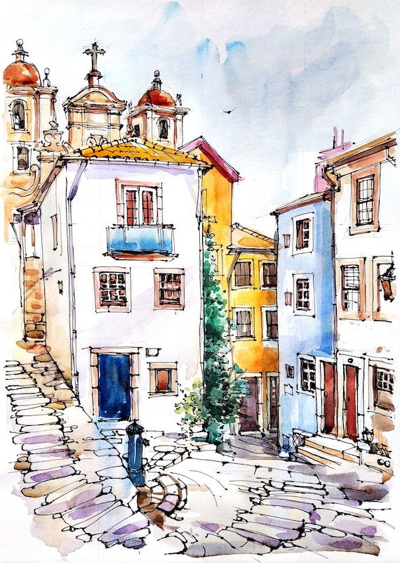 Lisbon Print, Lisbon cityscape, Travel Sketch, Watercolor Painting, Art Decor, Portugal Architecture, Wall Decor Art, European city print