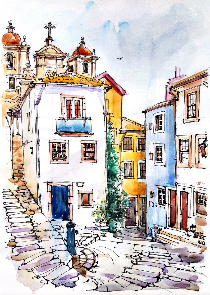 May include: Watercolor painting of a narrow street in a European city. The street is lined with colorful buildings, including a white building with a blue door and a yellow building with a green tree in front of it. The street is cobblestone and there are steps leading up to the buildings.