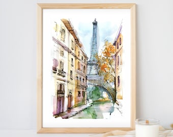 Paris Kunstdruck, Reiseskizze, Paris Stadtbild, Aquarell, Eiffelturm. Art Dekor, Frankreich Architektur, Wanddeko Kunst, Paris Straße