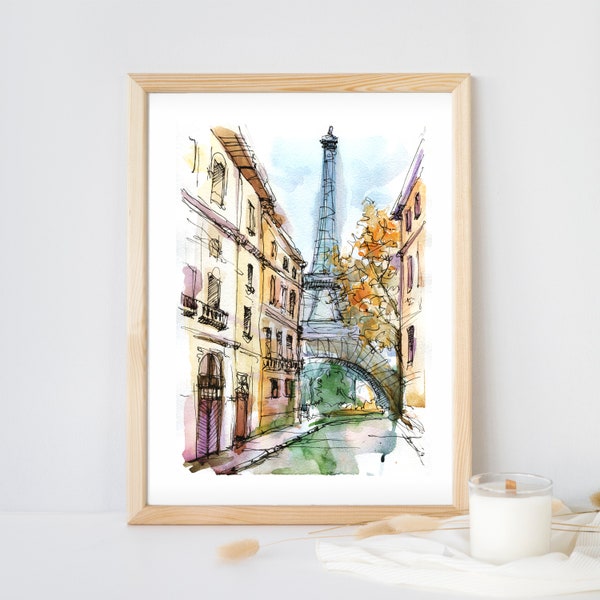 Paris Print, Travel Sketch, Paris cityscape, Watercolor Painting, Eiffel tower. Art Decor, France Architecture, Wall Decor Art, Paris street