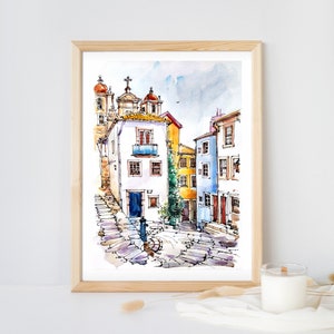 May include: Watercolor painting of a narrow street in a European city. The street is lined with colorful buildings, some with visible windows and doors. The street is cobblestone and leads up a set of stairs.
