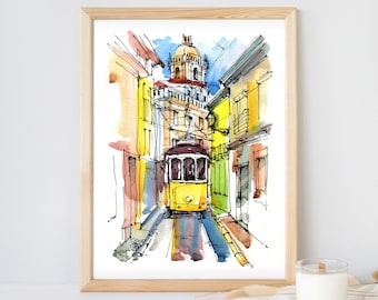 Lisbon Watercolor Print, Portugal Wall art, Cityscape Watercolor, City print, Travel Print, Art Decor, Lisbon print, Yellow tram in Lisbon