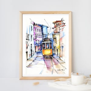 Lisbon Print, Travel Sketch, Lisbon cityscape, Watercolor Painting, Art Decor, Portugal Architecture, Wall Decor, Lisbon Portugal wall art