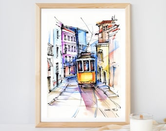 Lisbon Print, Travel Sketch, Lisbon cityscape, Watercolor Painting, Art Decor, Portugal Architecture, Wall Decor, Lisbon Portugal wall art