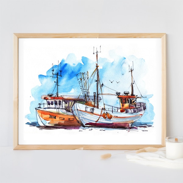 Croquis de bateaux aquarelle, cadeau pour lui, cadeau pour amoureux de bateaux, impression de bateau, art mural, décor mural nautique, art mural imprimable, impression numérique