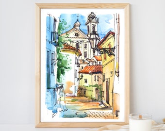 Travel Sketch, Lisbon Print, Lisbon cityscape, Watercolor Painting, Art Decor, Portugal Architecture, Wall Decor Art, Lisbon wall art