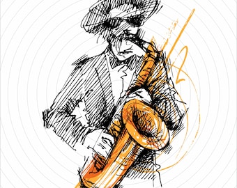 May include: A black and white sketch of a person wearing a hat and playing a saxophone. The saxophone is gold and has a bell-shaped mouthpiece. The background is a white circle with a black outline.