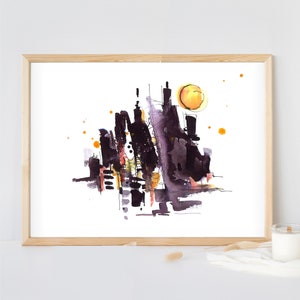 Abstract Cityscape Watercolor Painting, Night City Sketch. Cityscape Wall Art, Architecture Wall Art, Watercolor Landscape Wall Decor