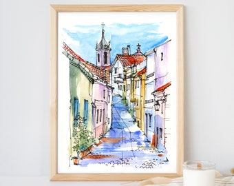 Lisbon Print, Travel Sketch, Lisbon cityscape, Watercolor Painting, Art Decor, Portugal Architecture, Wall Decor Art, Lisbon wall art decor
