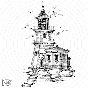 Puede incluir: Un dibujo en blanco y negro de un faro en una costa rocosa. El faro tiene una torre alta con un techo puntiagudo y un edificio m&aacute;s peque&ntilde;o unido a &eacute;l. Hay p&aacute;jaros volando en el cielo sobre el faro.