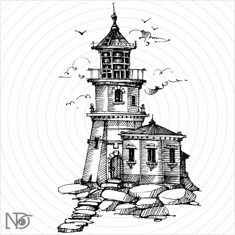 Puede incluir: Un dibujo en blanco y negro de un faro en una costa rocosa. El faro tiene una torre alta con un techo puntiagudo y un edificio m&aacute;s peque&ntilde;o unido a &eacute;l. Hay p&aacute;jaros volando en el cielo sobre el faro.