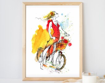 Bicycle Art, Girl on Bike Png, Biker Png, Fashion Woman, Summer Art, Bicycle Png, Lovers cycling Png, Watercolor Painting, Wall Decor Art