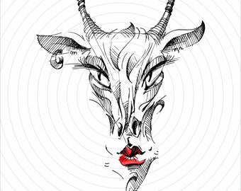 Pode incluir: Um desenho a preto e branco da cabeça de uma girafa com uma boca de batom vermelho. A girafa tem olhos grandes e expressivos e um pescoço comprido com duas pequenas bolas no topo.