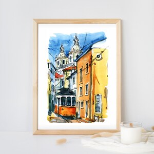 Tranvía Viejo Lisboa Portugal, Paisaje urbano de Lisboa, Boceto de viaje, Pintura de acuarela, Decoración de arte, Arquitectura de Portugal, Decoración de pared, Ciudad europea