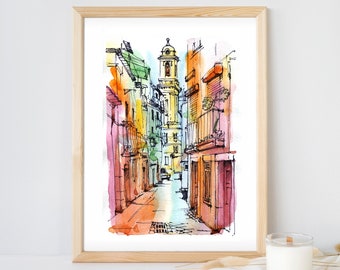 Lisbon Print, Travel Sketch, Lisbon cityscape, Watercolor Painting, Art Decor, Portugal Architecture, Wall Decor, Lisbon Portugal wall art