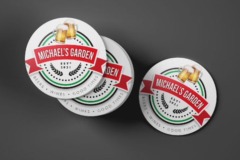 Home Bar Custom Beer Mats 94mm Round Or Square for garden pubs. Any text or image. Our Design 8