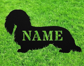 Personalized Long Haired Dachshund Garden Statue Stake, Custom Long Hair Dachshund Outdoor Yard Art Decor, Memorial Remembrance Sculpture