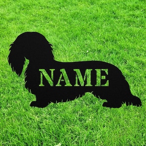 Personalized Long Haired Dachshund Garden Statue Stake, Custom Long Hair Dachshund Outdoor Yard Art Decor, Memorial Remembrance Sculpture