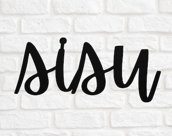 May include: Black metal wall decor with the word "sisu" written in a stylized script font.