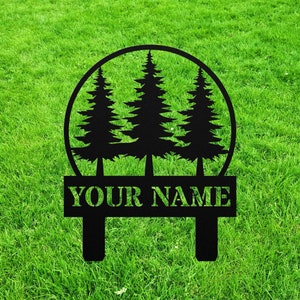 Custom Pine Tree Yard Sign Stake, Personalized Pine Trees Metal Monogram Outdoor Lawn Decor, House Address Number Garden Decoration image 2