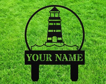 Custom Lighthouse Yard Sign Stake, Personalized The Lighthouse Metal Monogram Outdoor Lawn Decor, House Address Number Garden Decoration