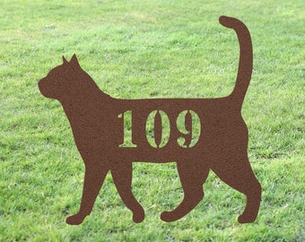 Cat House Number Sign Yard Address Plaque Garden Lawn Stake Metal Last Name Welcome Family Name Sign Monogram Sculpture Front Decor